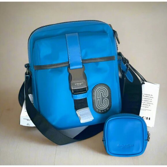 Coach Max Crossbody Sling Pouch Blue Nylon Leather Shoulder Bag C9836 - Picture 1 of 10